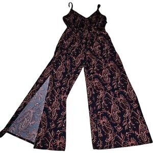 marianne Stretchy Paisley Bandana Print Jumpsuit Spaghetti Strap - Navy and Pink